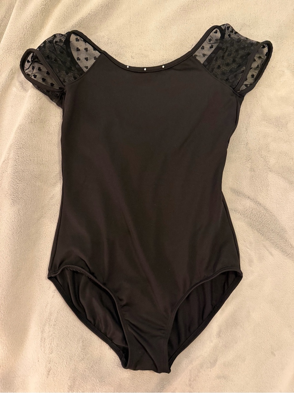 Bloch Black Girls' One-Piece Leotard with Sheer Polka-Dot Puff Sleeves